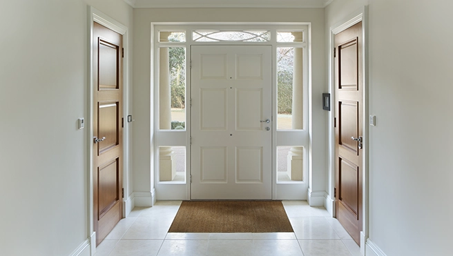 Front door entrance with a wooden door.