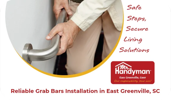 Senior person holding a metal grab bar for support.