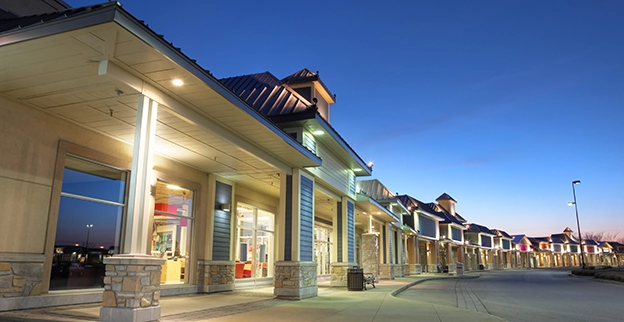 Modern commercial shopping malls with dim lights.