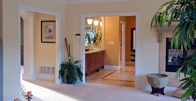 Room with door and bushes.