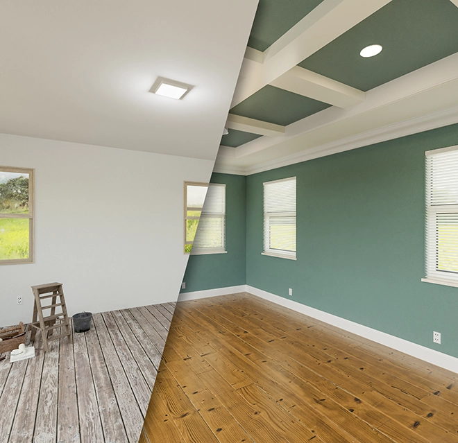 Split image of two rooms.