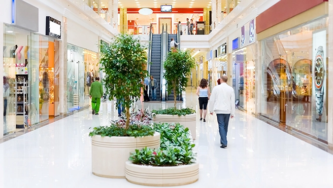 A vibrant indoor shopping mall with shoppers, escalators, and decorative planters.