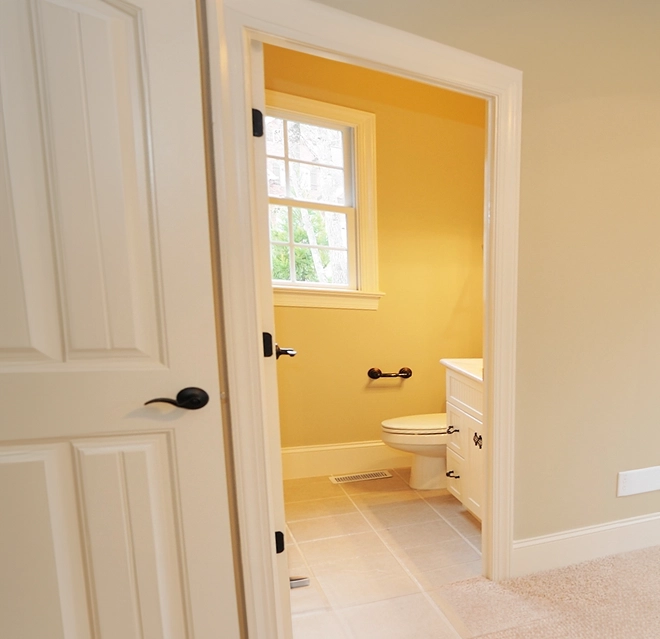 Washroom door with top window.