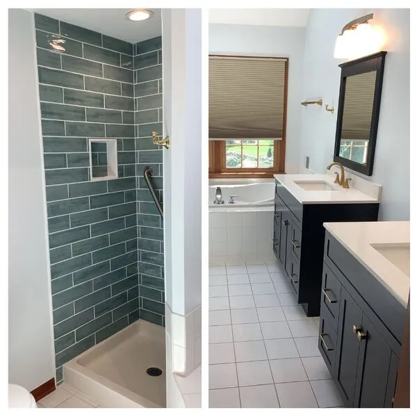Bathroom remodel in Schaumburg, IL, including a new shower, sinks and vanity, by the pros at Mr. Handyman.