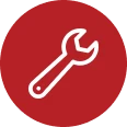White outline of an open-end wrench on a bold red circle.