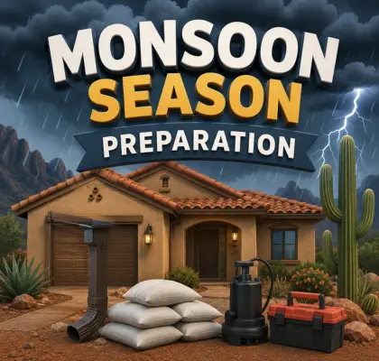 Cartoon image of home with monsoon items in the foreground.