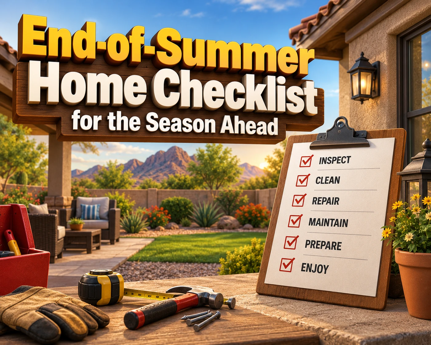 Cartoon image with an end of summer checklist in front of a house in the desert.