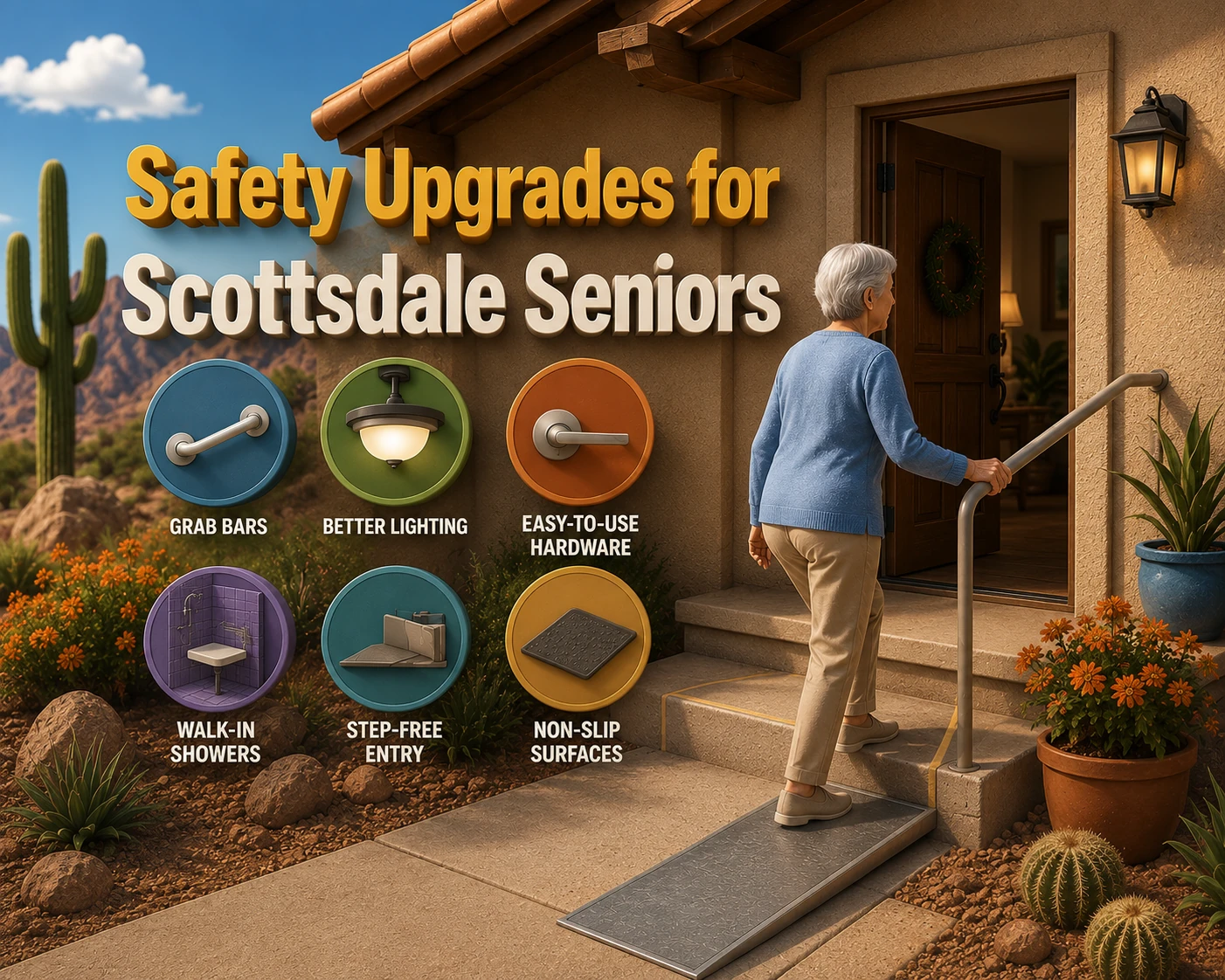 Illustation of a senior person waling into a home with icons showing upgrades that can be made.