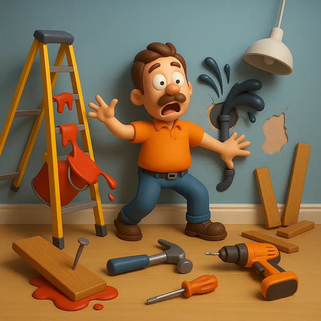 Cartoon image of a homeowner backed against a wall with home improvement disasters around him.