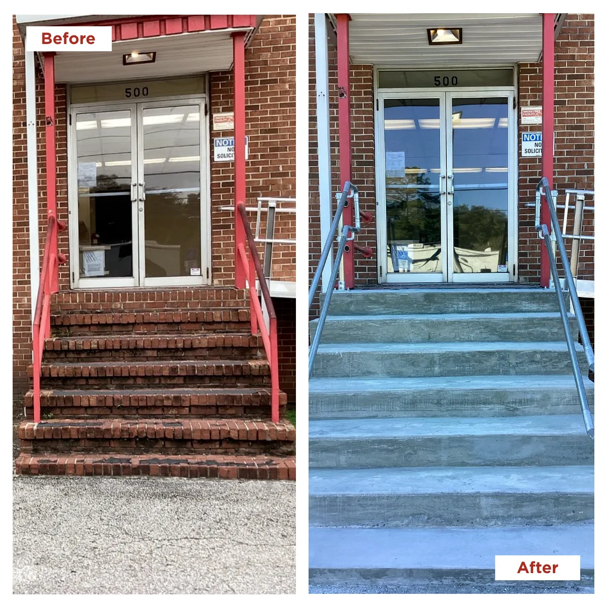 The Before and After exterior stair repair completed by a Jacksonville commercial handyman
