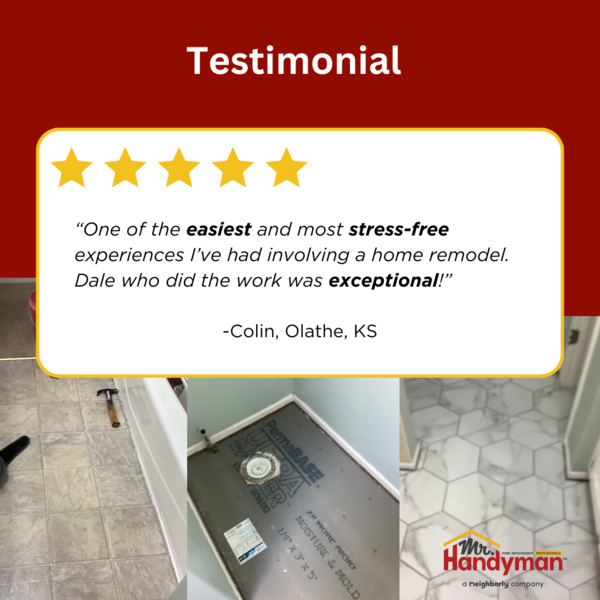 Testimonial from an Olathe resident about flooring installation in Olathe, KS by Mr. Handyman