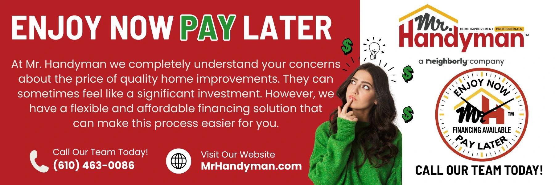Enjoy now pay later financing banner.