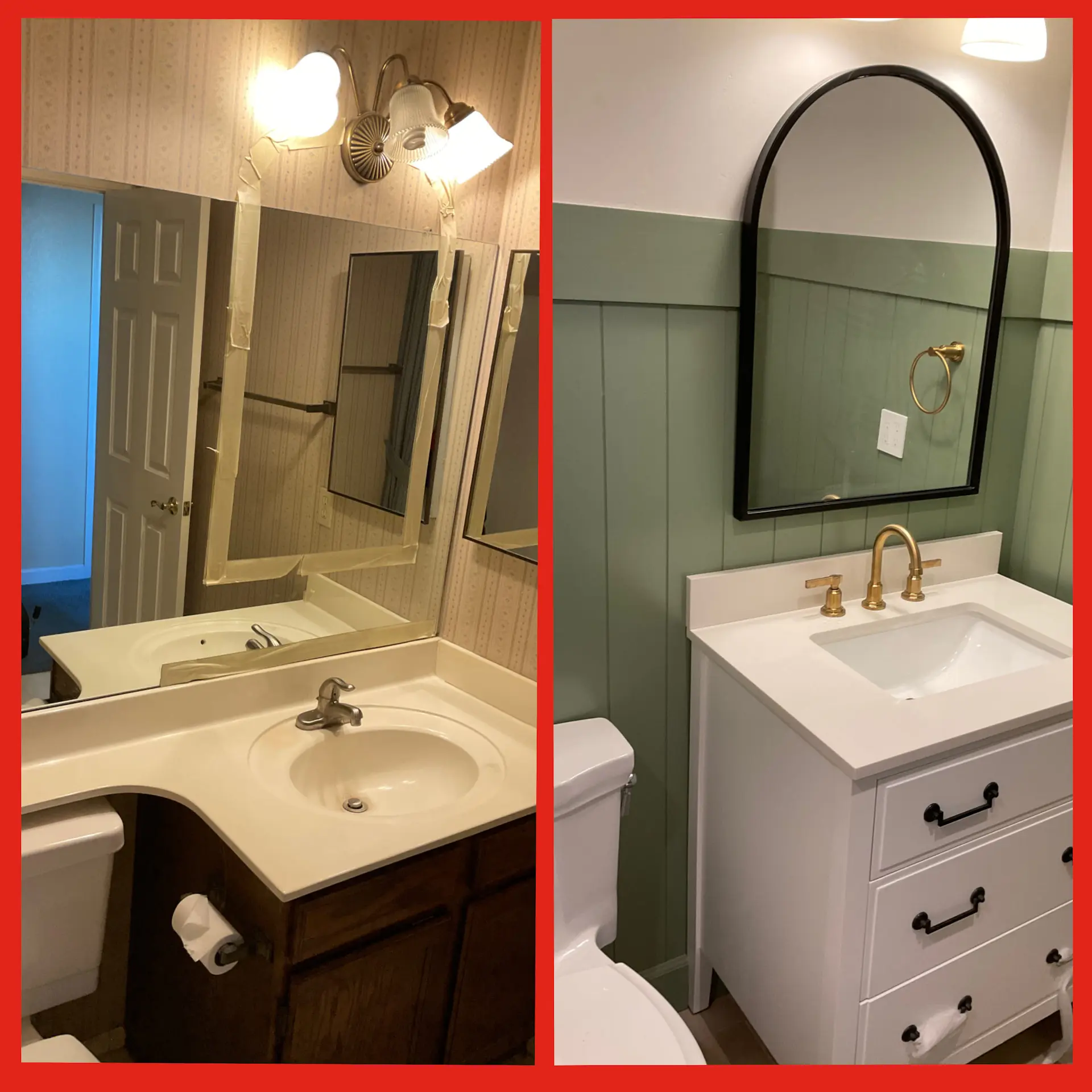 Before and after photo showcasing new vanity, sink, and mirror during bathroom remodeling service from Mr. Handyman.