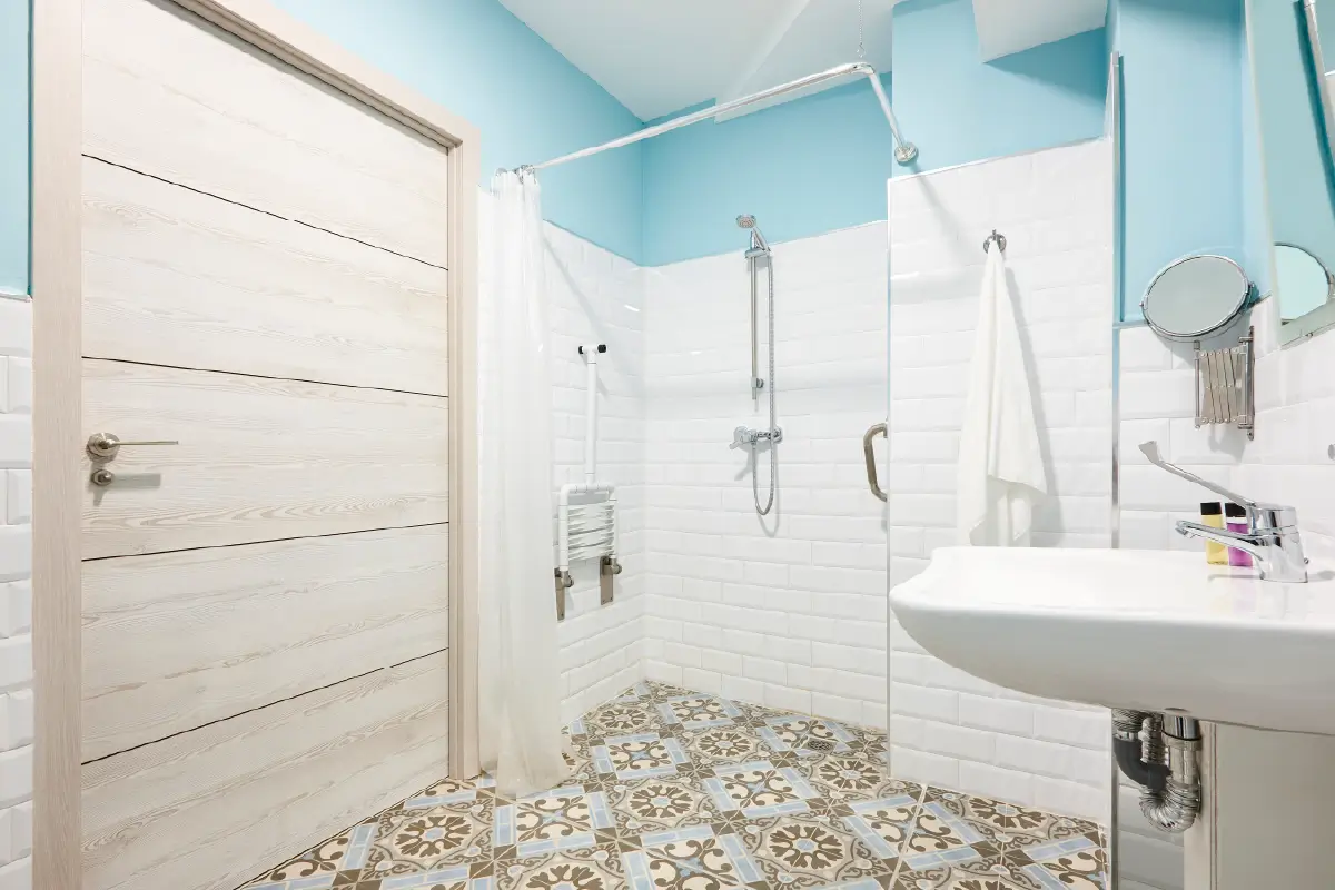 Accessible bathroom with a curbless shower.