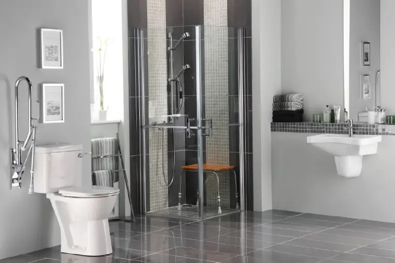 Bathroom with features for older adults such as a shower seat. 