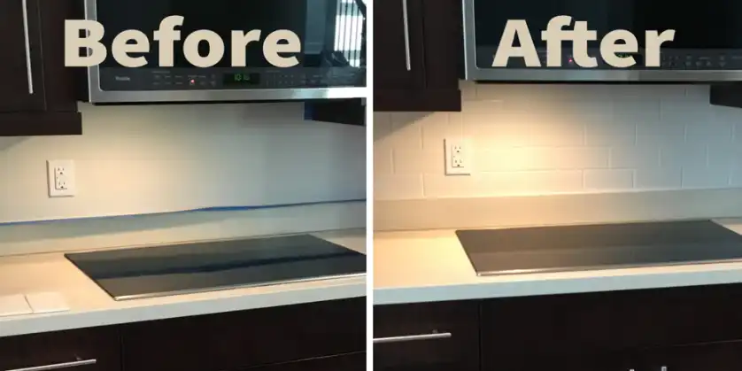 A before and after photo of a white tiled kitchen backsplash renovation in the Lake Worth, FL area from the Mr. Handyman of South Palm Beach team.