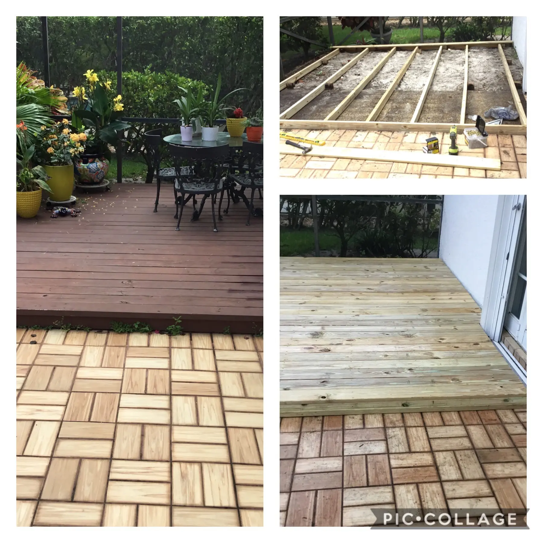 Multiple stages of a project where a deck has been rebuilt and refinished by Mr. Handyman.