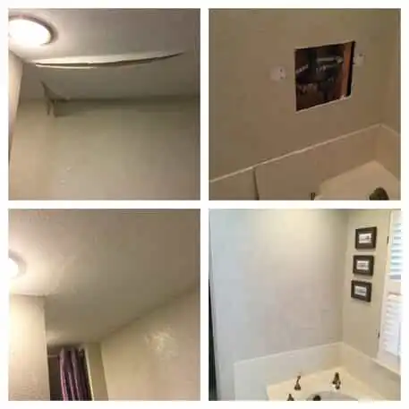 A sagging ceiling and hole in the wall of a residential bathroom, and the results of the drywall repairs completed to fix the damage.