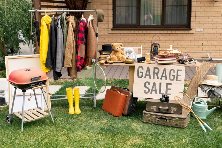 Items outside a home ready for a garage sale.