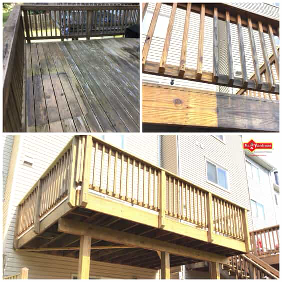 An old deck before and after it has received deck repairs and pressure washing service from Mr. Handyman.