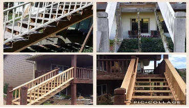 Old, worn deck stairs and the new replacement stairs added during a wichita deck repair appointment