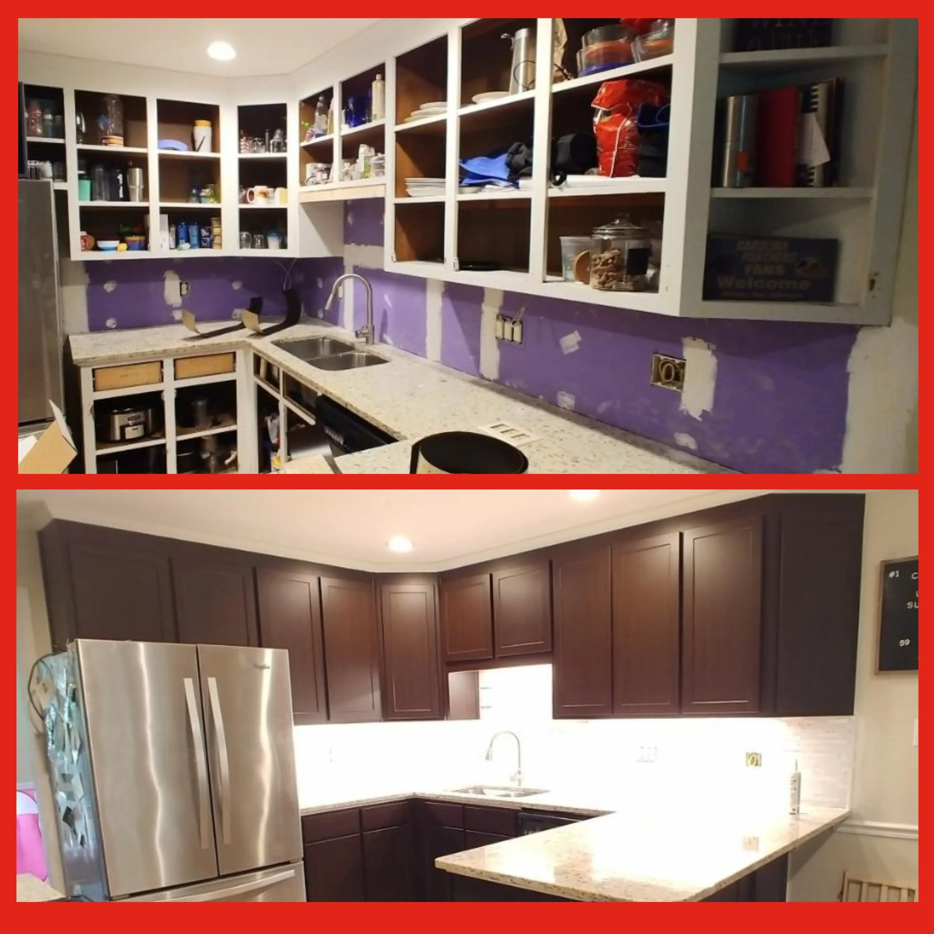 A kitchen with open shelving above the counter and the same kitchen after Mr. Handyman has replaced the shelves with new cabinets.
