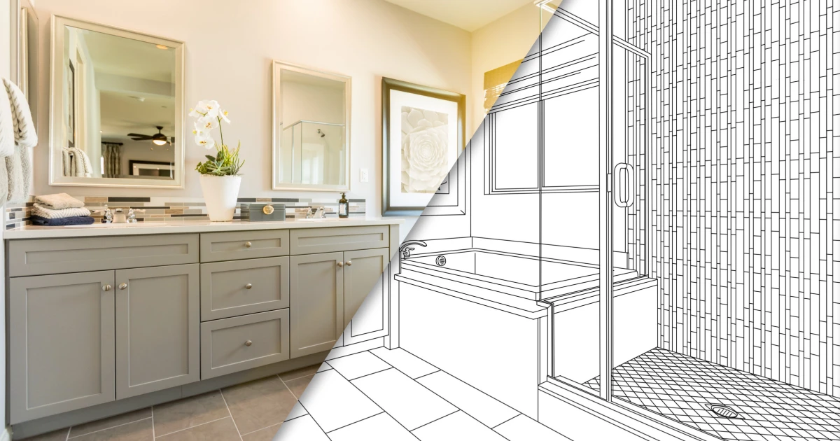A side-by-side comparison between the plans and final results of a finished bathroom remodeling project in Colorado Springs.