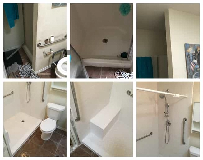 Multiple images of a bathroom before and after a bathroom remodel has been completed by Mr. Handyman.