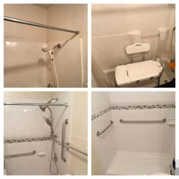A residential shower before and after the bathtub has been replaced with a step-in shower pad and grab bars have been added to the walls of the shower.