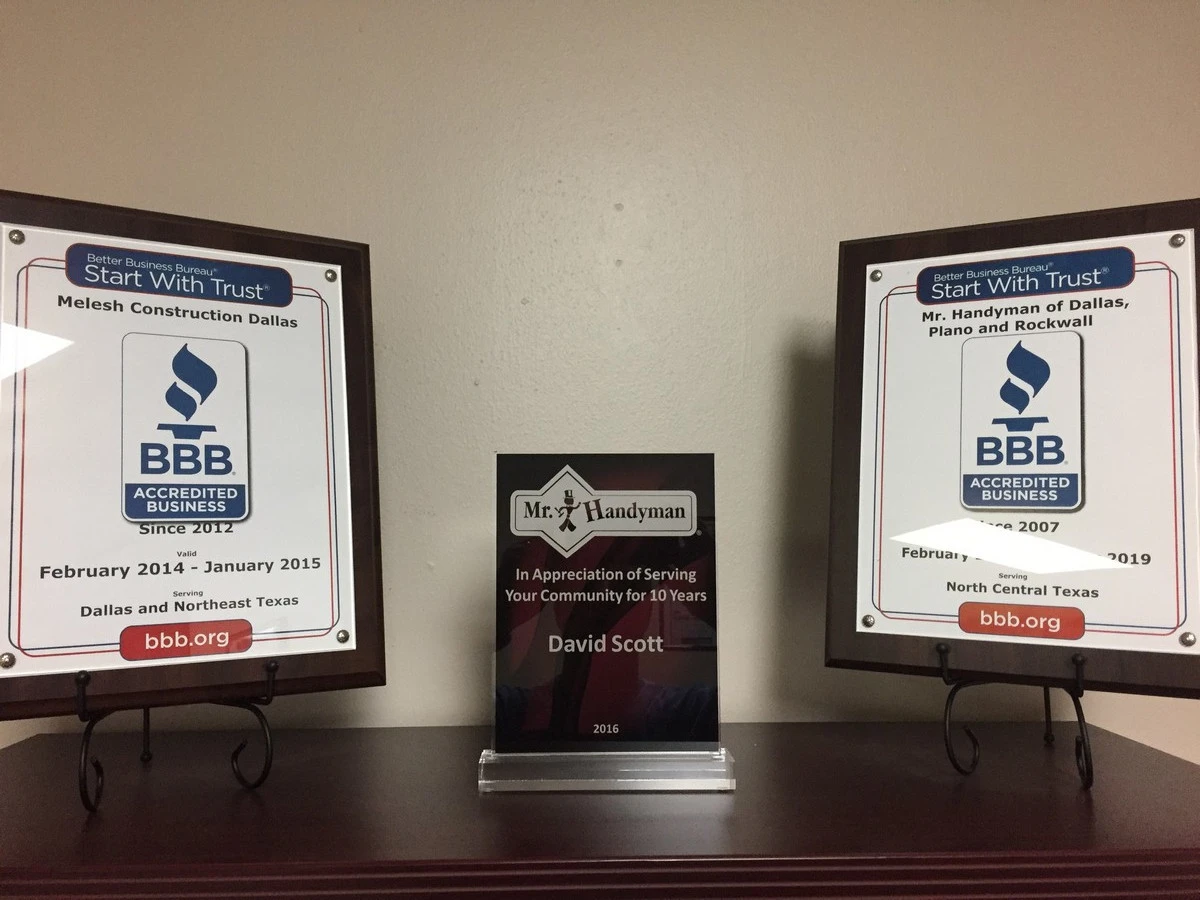 Two awards from the Better Business Bureau and an award from Mr. Handyman for the owner of the Mr. Handyman of Dallas franchise.