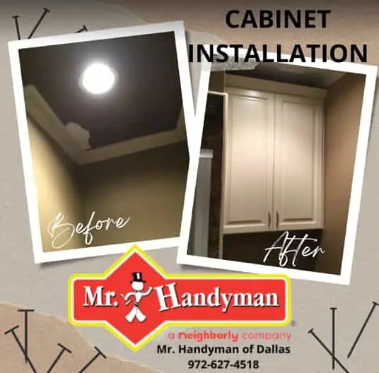 A small kitchen nook with a damaged ceiling and the same nook after a new hanging cabinet box has been installed by Mr. Handyman.