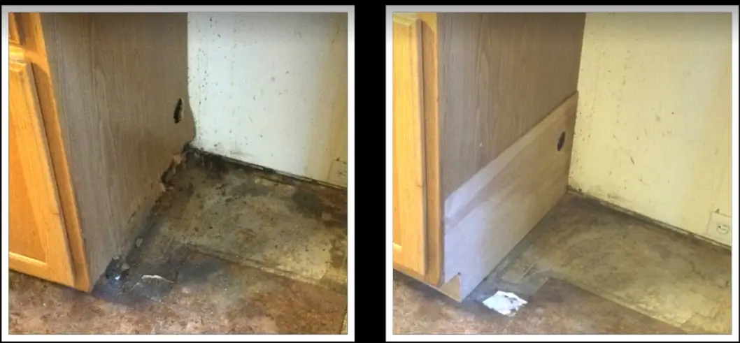 The bottom corner of the outside of a kitchen cupboard box that has been damaged by moisture, and the same box with new replacement wood added during an appointment for cabinet repair with Mr. Handyman.