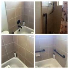A residential shower with and without grab bars installed along the walls.