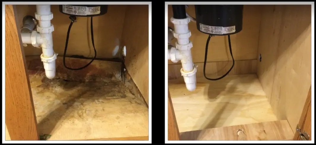 The inside of an undersink cabinet that has been damaged by moisture, and the results of the repairs completed for that damage by Mr. Handyman.