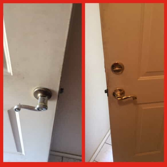  A door with a broken door handle and the door repairs completed by Mr. Handyman to replace the handle.