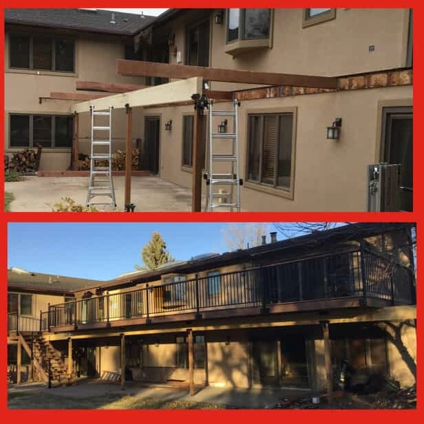 A patio in a backyard before and after a raised deck has been installed by Mr. Handyman.