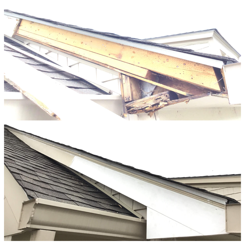 A damaged fascia board along the roofline of a home, and the new section installed to repair the damage.