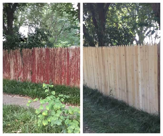 An old, worn fence and the same fence with new pickets after Mr. Handyman has completed fence repairs.