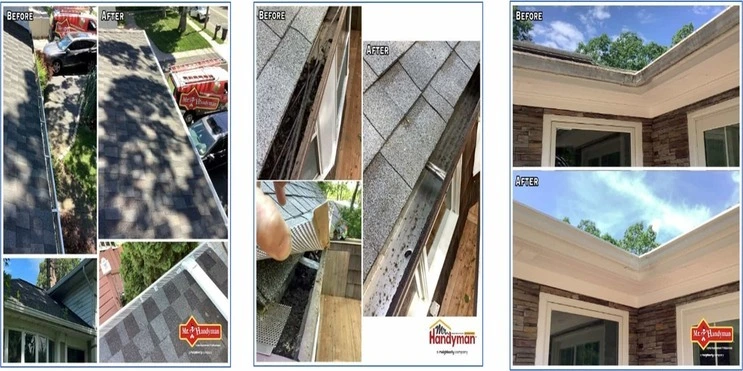 Gutter cleaning before and after of completed jobs from Mr. Handyman