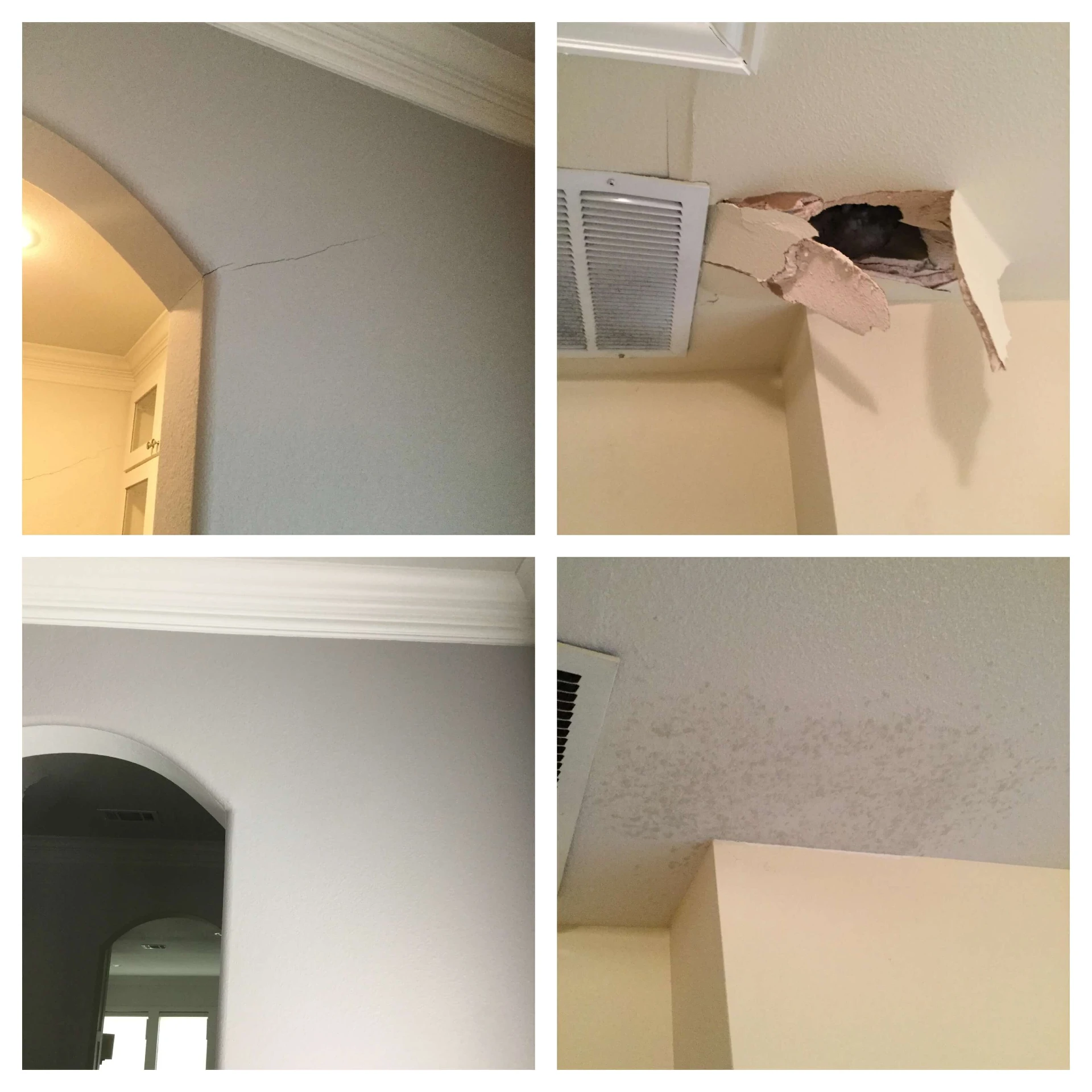 A cracked wall and a ceiling with a hole in it before and after they have been repaired by Mr. Handyman.