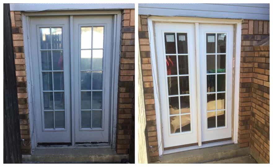 A set of French doors before and after they have been replaced with a new door installation from Mr. Handyman.