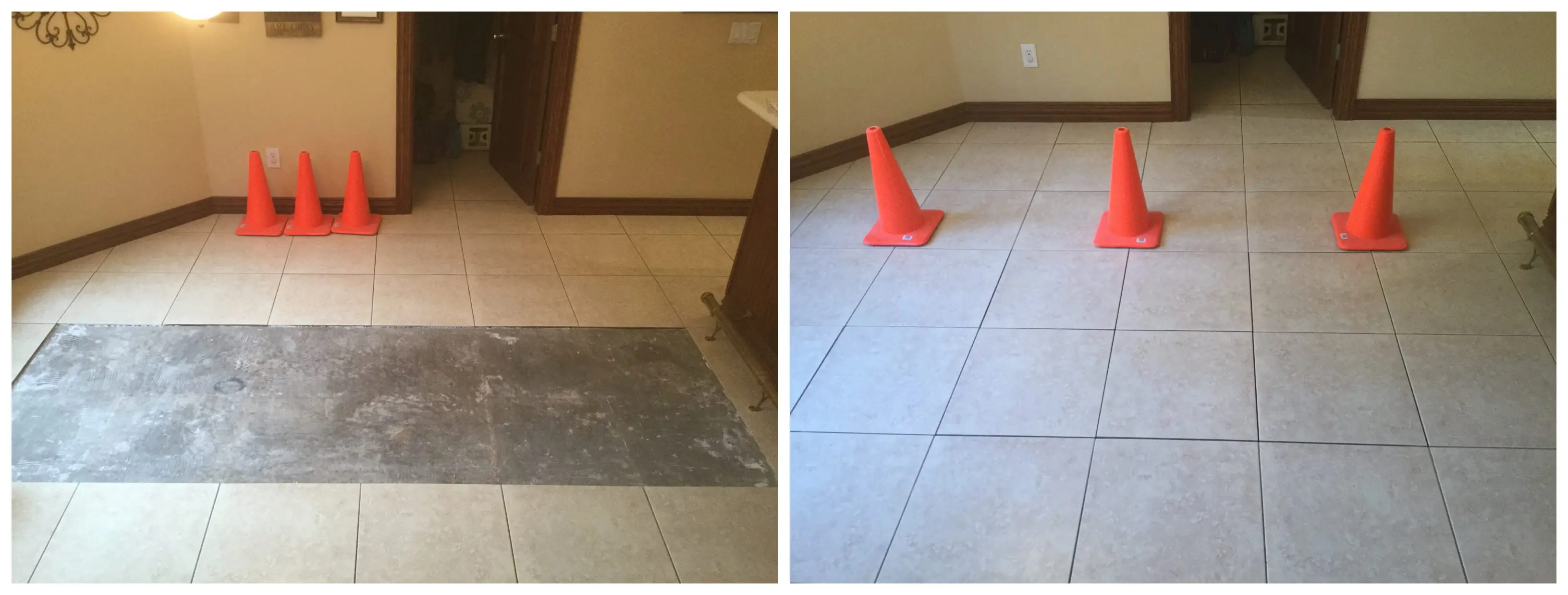 A tile floor with missing pieces, and the new pieces installed for tile repair by Mr. Handyman.
