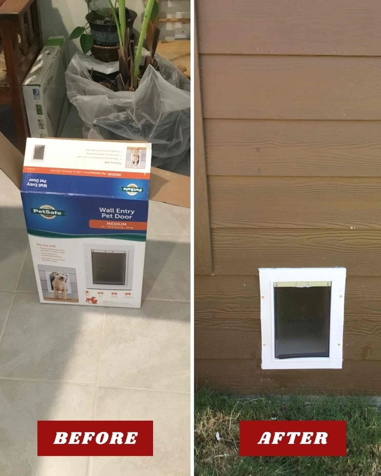 A dog door before and after it has been installed on the side of a home by Mr. Handyman.
