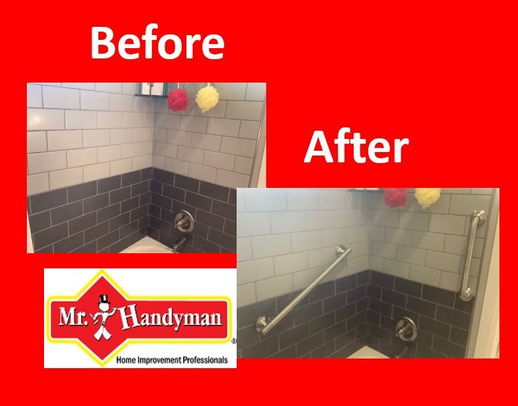 A residential shower before and after two grab bars have been installed on the walls of the shower by Mr. Handyman.
