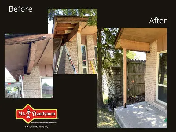 Rotted wood soffits on a residential roof overhang before and after they have been repaired by Mr. Handyman.
