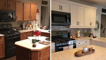 A side-by-side comparison of the before and after appearances of completed residential kitchen renovations.