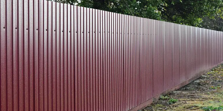 A metal fence running along a property line after fence installation has been completed