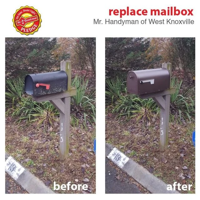 An old, damaged mailbox and the replacement mailbox installed by Mr. Handyman.