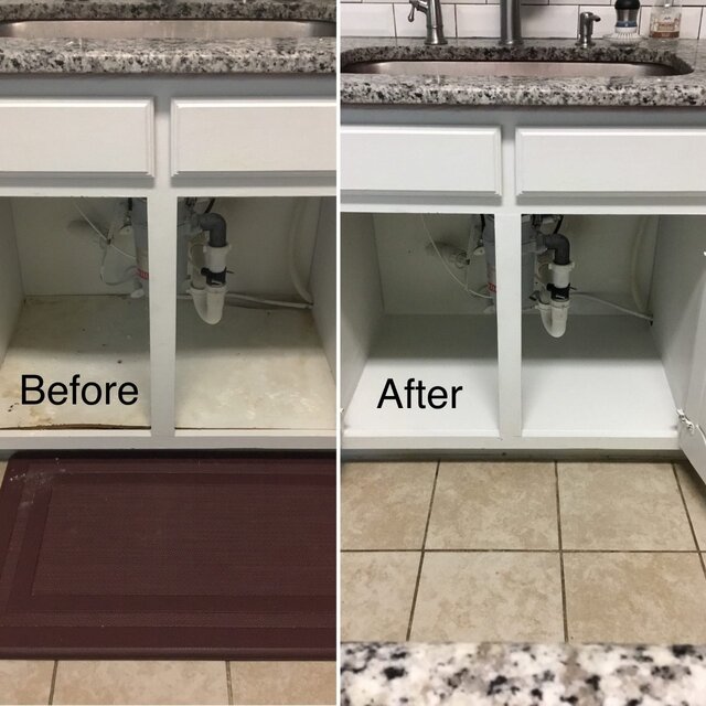 A set of kitchen cabinets below a sink with worn-out surfaces on the bottoms of the boxes, and the same cabinets with a new interior after Mr. Handyman has completed cabinet repairs.