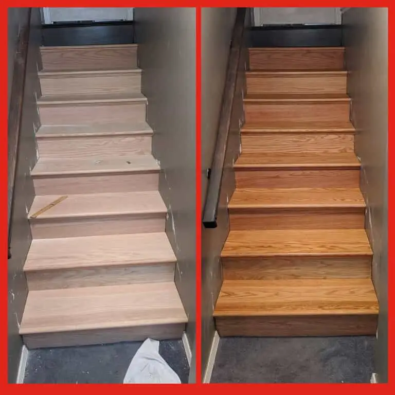 A set of basement stairs before and after they have been refinished by Mr. Handyman.